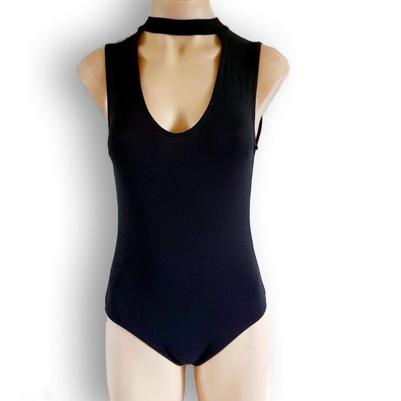 Ally Fashion Tops - Y2k, Ally, black bodysuit choker neck + deep plunge / scoop front XS fits AU 6-8